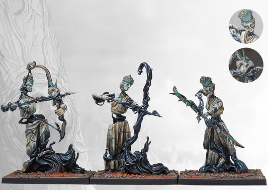 Three fully painted Old Dominion Karyatids miniatures on square bases, depicted as animated statues armed with ornate, magical bows and arrows.