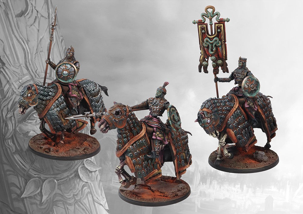 Three fully painted Old Dominion Kataphraktoi miniatures on individual round bases, showcasing their scale armor, undead mounts, and command options.