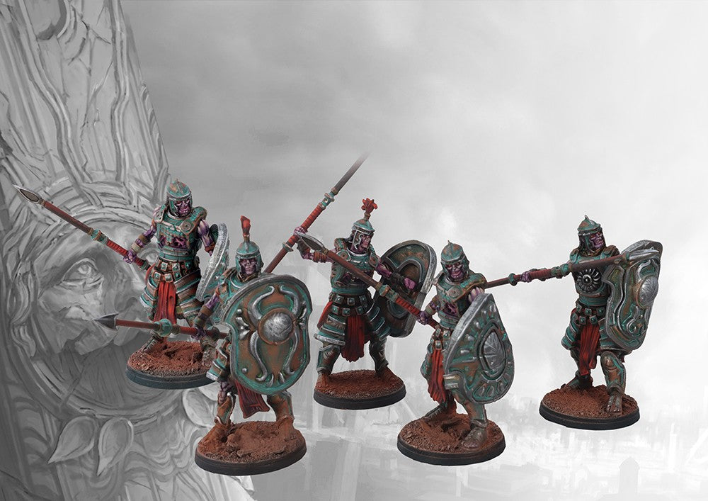 Five individual Old Dominion Legionnaires miniatures on round bases, showcasing different dynamic poses with Roman-style helmets, spears, and large shields.