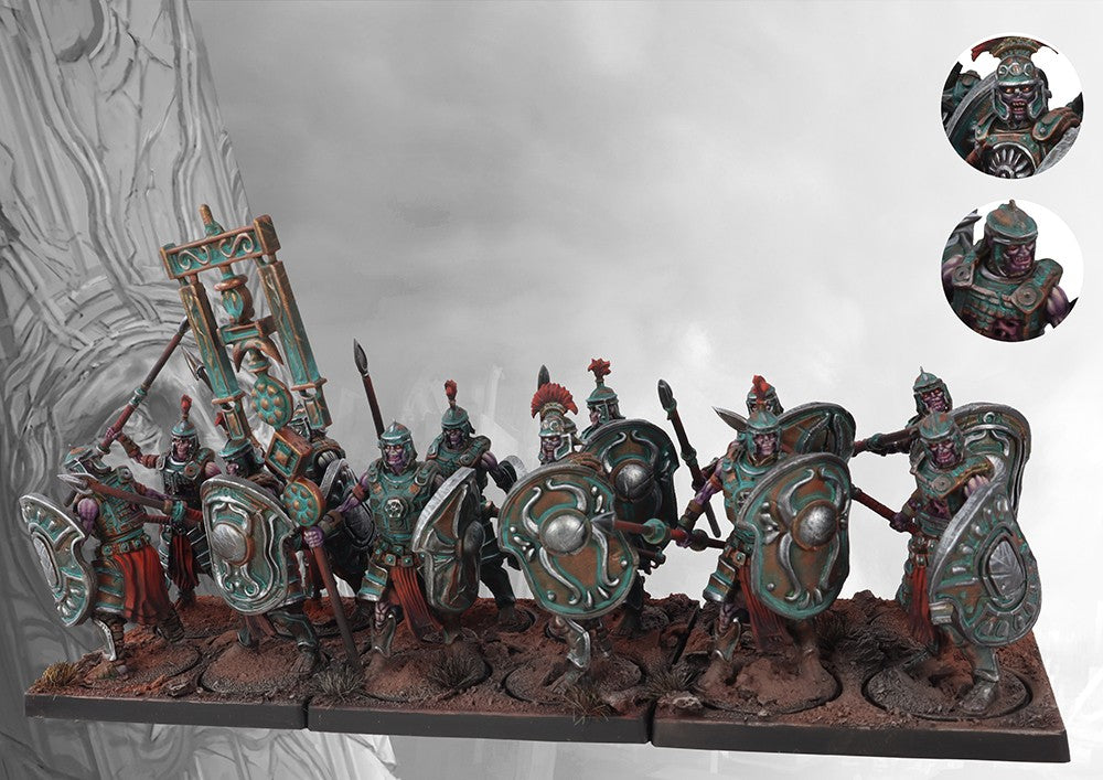 A fully painted unit of twelve Old Dominion Legionnaires miniatures on square bases, including a standard bearer, all equipped with spears and shields.