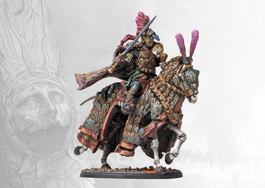 A fully painted Old Dominion Mounted Strategos character miniature for Conquest, featuring a dynamic pose with sword raised on a heavily armored skeletal horse.