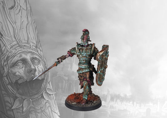A fully painted Old Dominion Optio miniature for Conquest, depicted as a heavily armored undead warrior holding a longsword and a large tower shield.