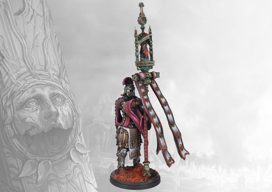 A front view of the fully painted Old Dominion Profane Reliquary miniature, showcasing the undead standard bearer and the intricate reliquary with long banners.