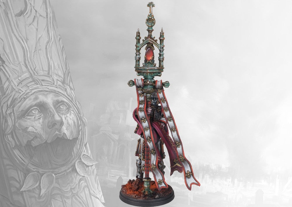 A three-quarter view of the painted Old Dominion Profane Reliquary miniature, highlighting the Roman-style armor of the warrior holding the large, ornate standard.