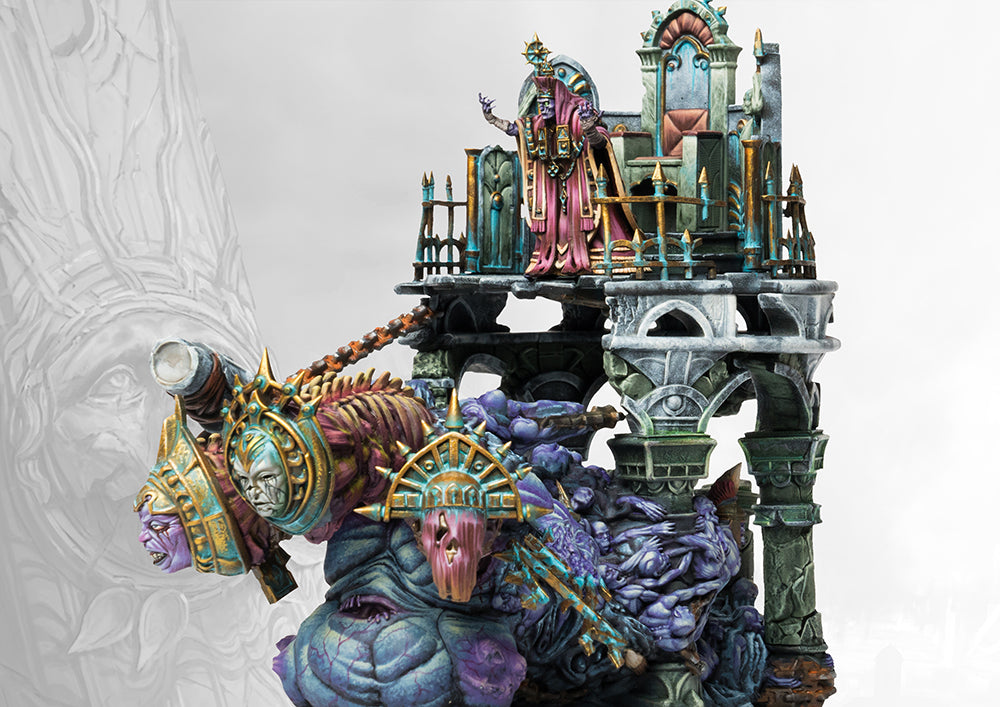 A fully painted Old Dominion Theokrator monster miniature, featuring a robed figure on a gothic stone throne carried by a grotesque, multi-limbed beast.