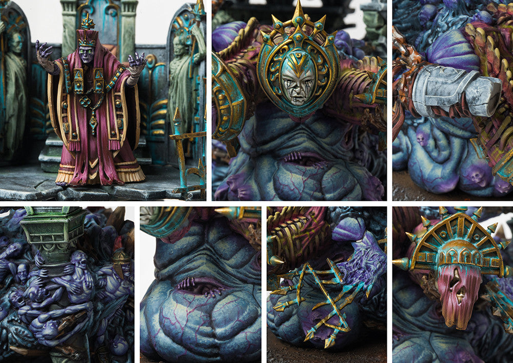 A collage of close-up photos showcasing the fine details of the painted Old Dominion Theokrator model, including the rider, monstrous faces, and sculpted bodies.