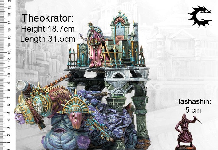 Scale comparison of the Old Dominion Theokrator miniature, showing its height of 18.7cm and length of 31.5cm next to a 5cm Hashashin model.