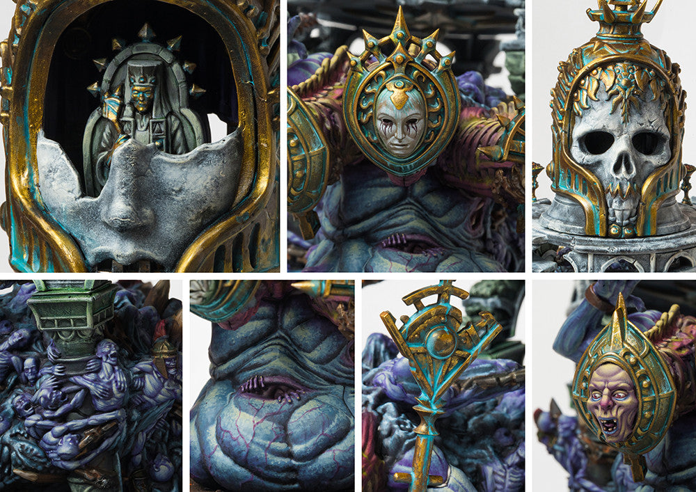 A photo collage showcasing the intricate details of the Unhallowed Sepulchre model, including the shrouded figure, skull helm, and grotesque faces.