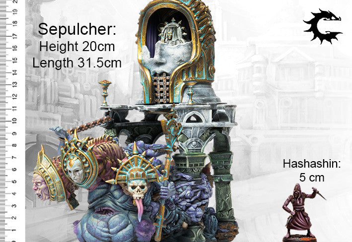 A scale comparison photo of the massive Unhallowed Sepulchre model, showing its height of 20cm and length of 31.5cm next to a 5cm infantry figure.