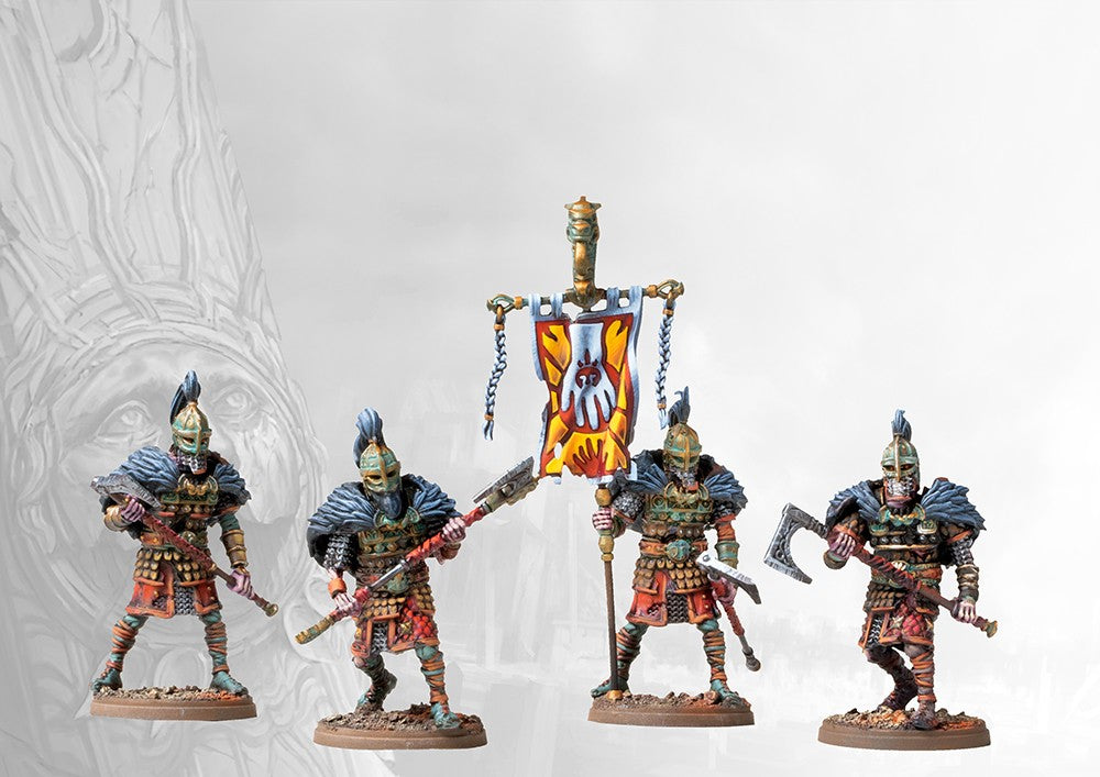 Four painted command models from the Old Dominion Varangian Guard set, including a leader, standard bearer, and warriors with unique poses.