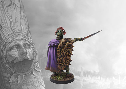 A rear view of the painted Old Dominion Xhiliarch miniature, highlighting the purple cloak, the full lion pelt shoulder guard, and the extended sword.
