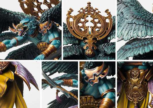 A collage of close-up images of the Trinavarta Sabhagrih model, highlighting the intricate details of its eagle-like head, ornate armor, back-banner, and wings.