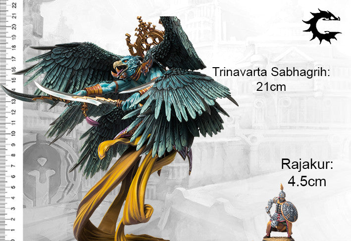 A scale comparison photo of the large Trinavarta Sabhagrih miniature, showing its height of 21cm next to a 4.5cm Rajakur infantry model.