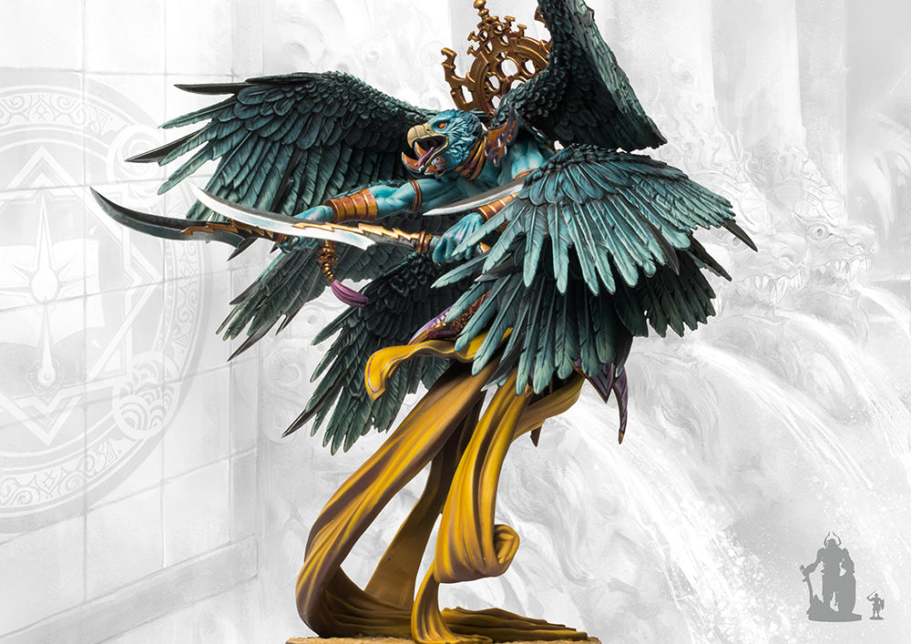 A dynamic side view of the painted Sorcerer Kings Trinavarta Sabhagrih miniature, showcasing its large feathered wings and flowing yellow sash.