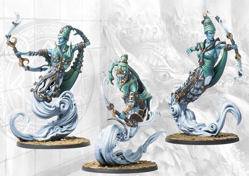 Three individual Sorcerer Kings Windborne Djinn miniatures on round bases, showcasing the dynamic archery poses and alternate head options.