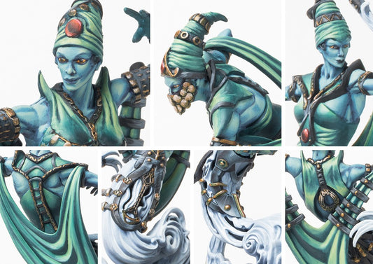 A collage of close-up images of the Sorcerer Kings Windborne Djinn models, highlighting the details of their masked and unmasked faces, turbans, and bows.