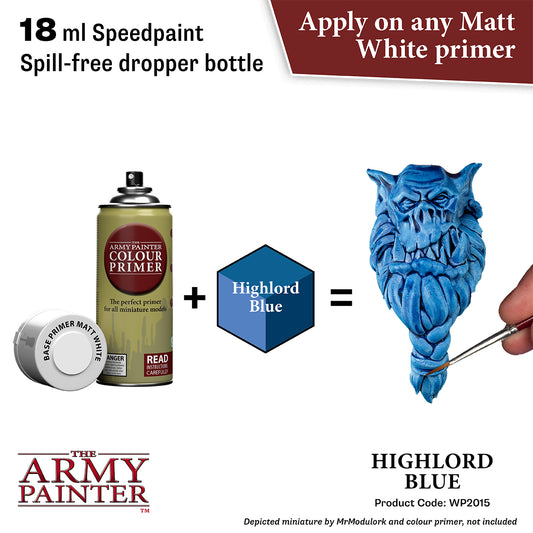The Army Painter color primer and Highlord Blue paint for miniatures on a white background