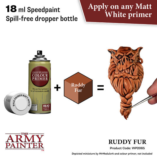 Product advertisement for 'The Army Painter' speedpaint with a dropper bottle, primer, and fur color swatch.