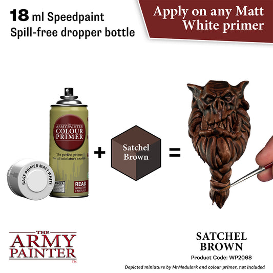 The Army Painter color primer bottle with a dropper, satchel brown color swatch, and an owl figurine.