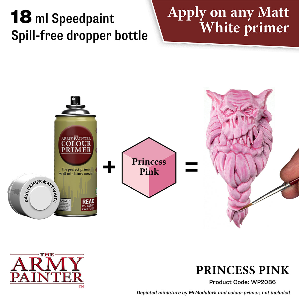 Army Painter color primer can with a pink sculpture and text about applying Princess Pink color.