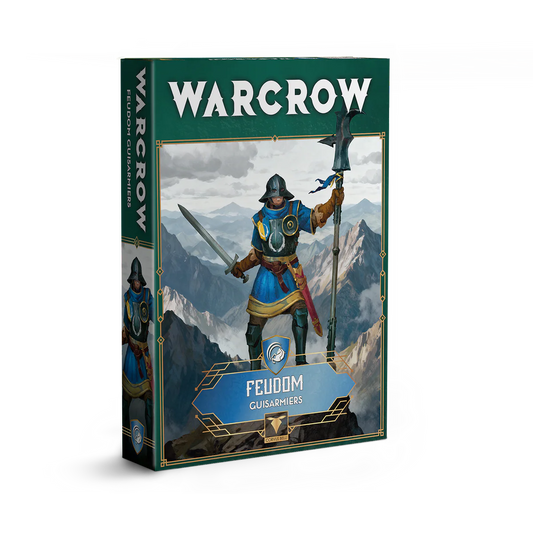 The product box for the Warcrow Feudom Guisarmiers unit, featuring artwork of a soldier in blue and yellow heraldry holding a polearm in a mountain landscape.