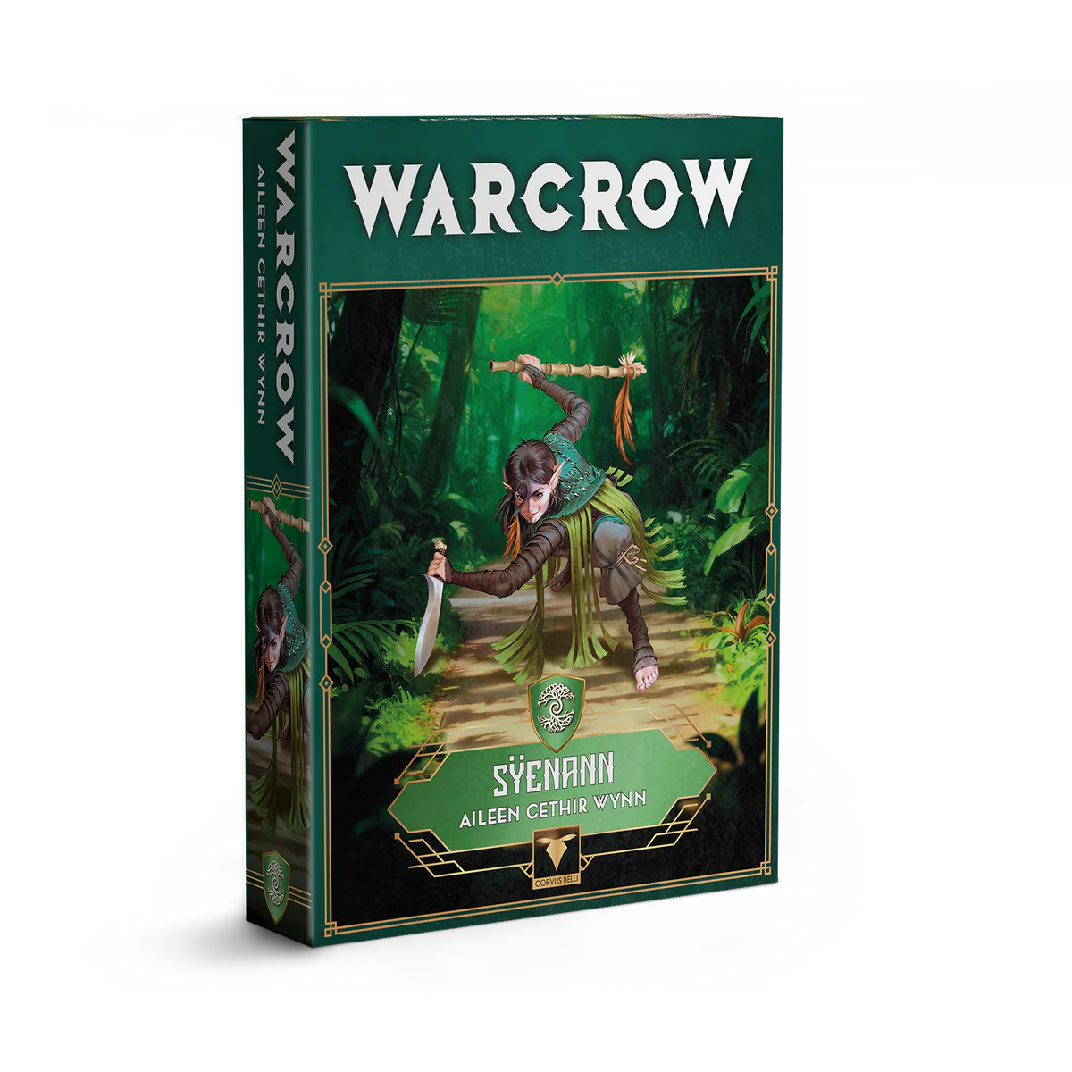 The product box for the Warcrow Sÿenann character Aileen Cethir Wynn, featuring artwork of the elven warrior moving through a forest.