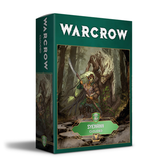 The product box for the Warcrow Sÿenann Clouded expansion pack, featuring artwork of an elven warrior with a glaive standing next to a large feline beast.