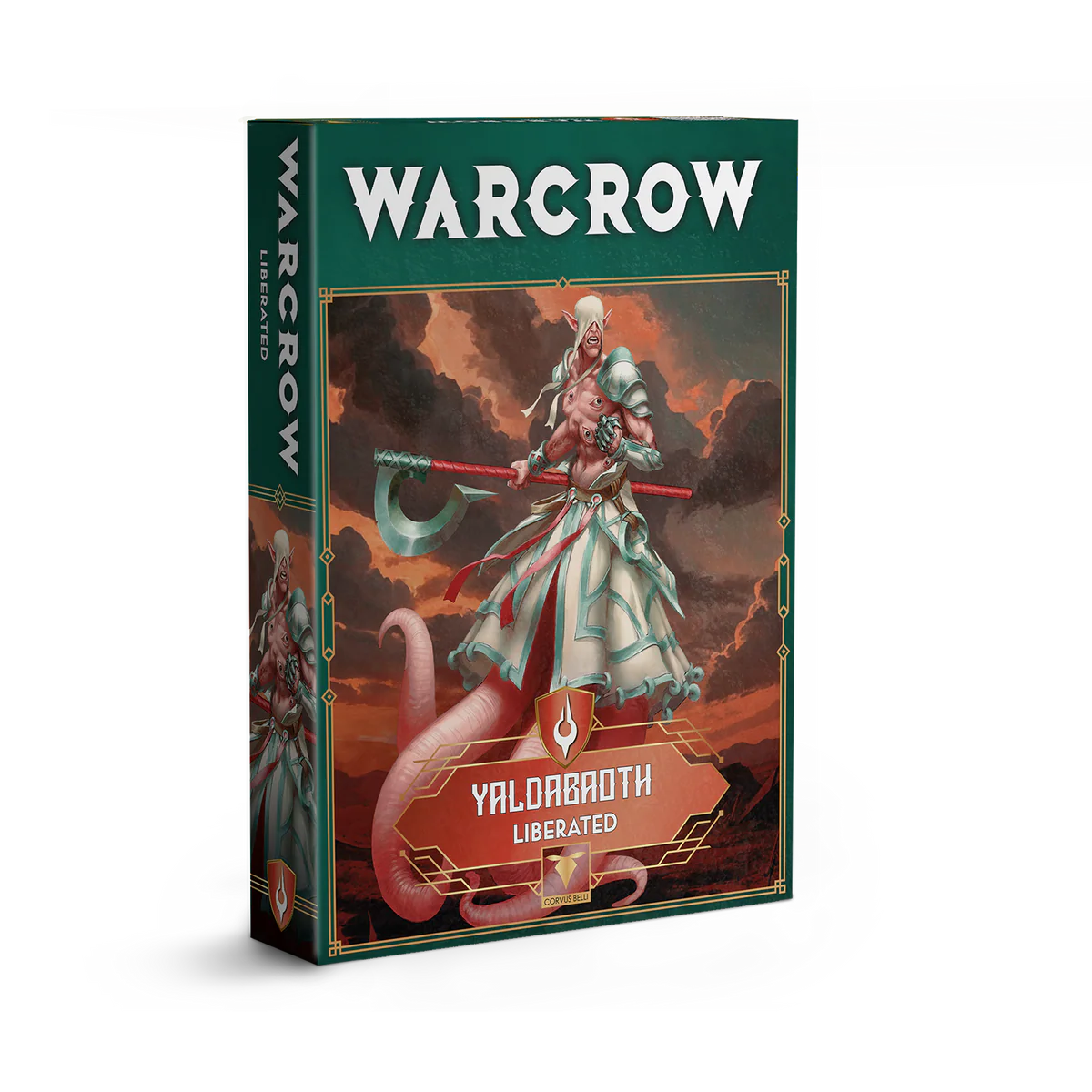 The product box for the Warcrow Yaldabaoth Liberated unit, featuring artwork of the unit