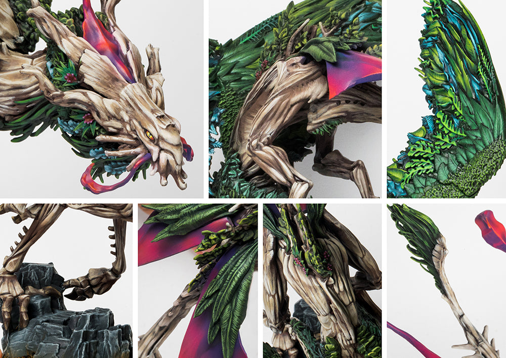 A collage of close-up images showing the intricate details of the Coill Draic, the alternate build from the Weaver Courts Scoth Draic dual kit, including its wooden head and leafy wings.