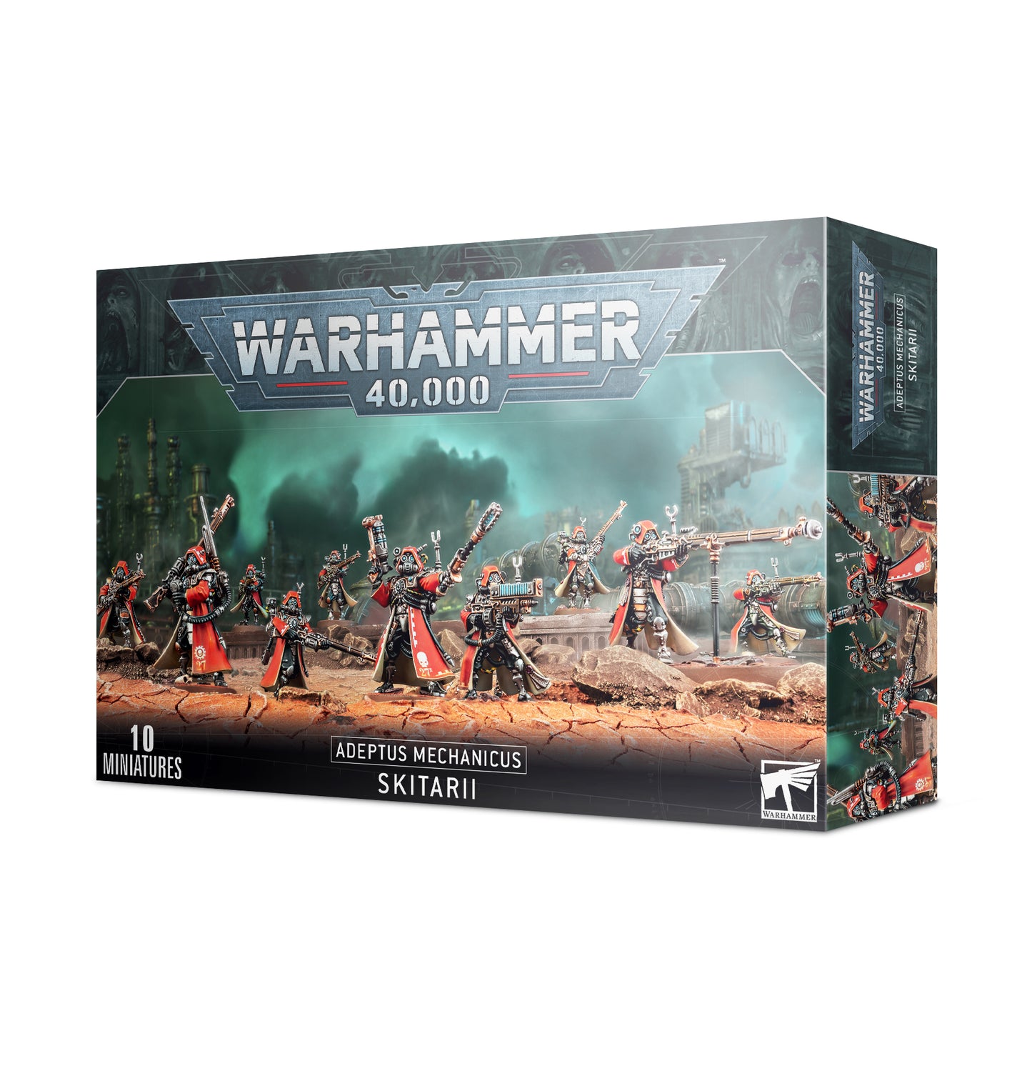 Box art for a 10-man Adeptus Mechanicus Skitarii squad in red cloaks holding bionic firearms on a cracked desert field. Christchurch, NZ.