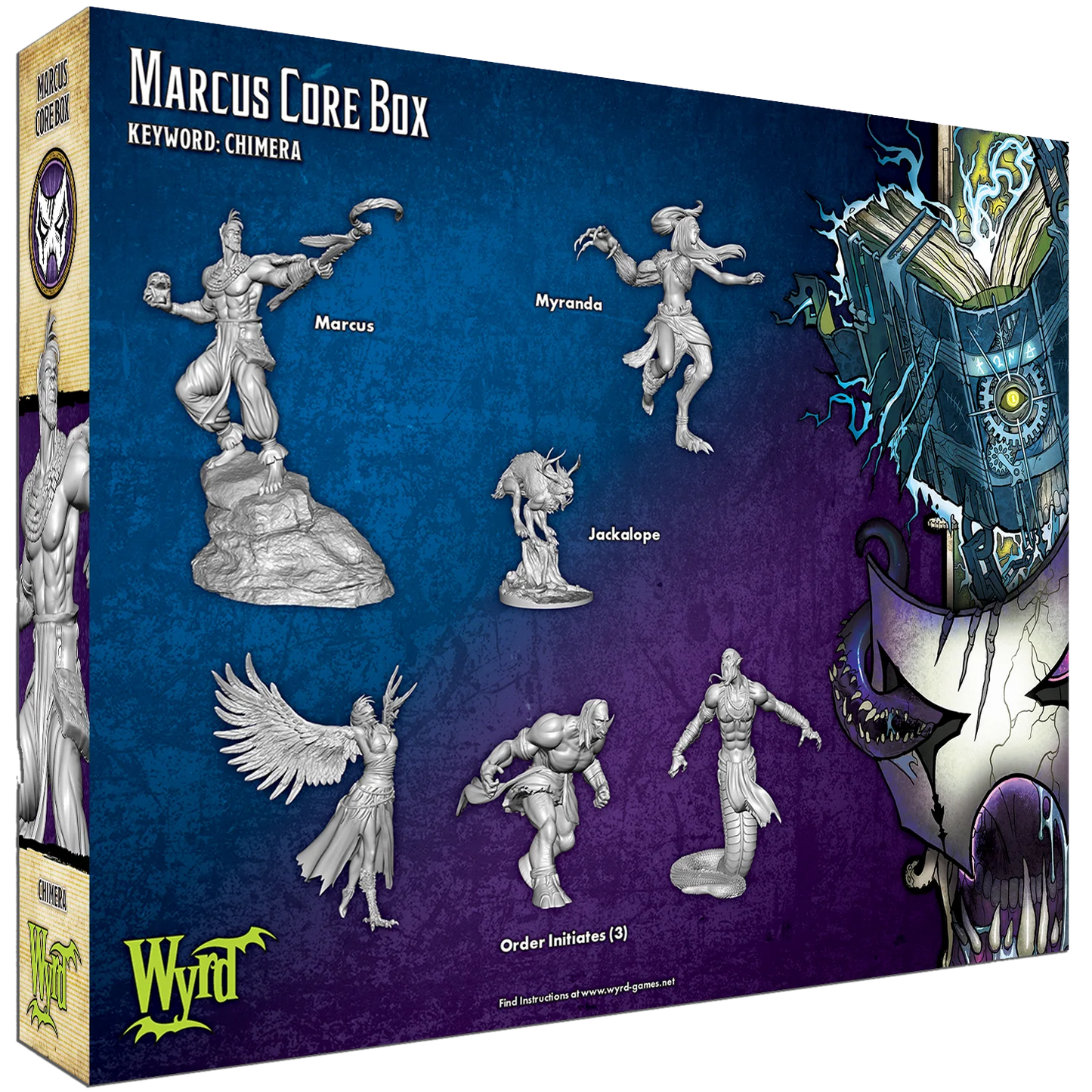 Contents of the Malifaux Marcus Core Box, showing the unpainted plastic miniatures of Marcus, Myranda, the Jackalope, and Order Initiates.