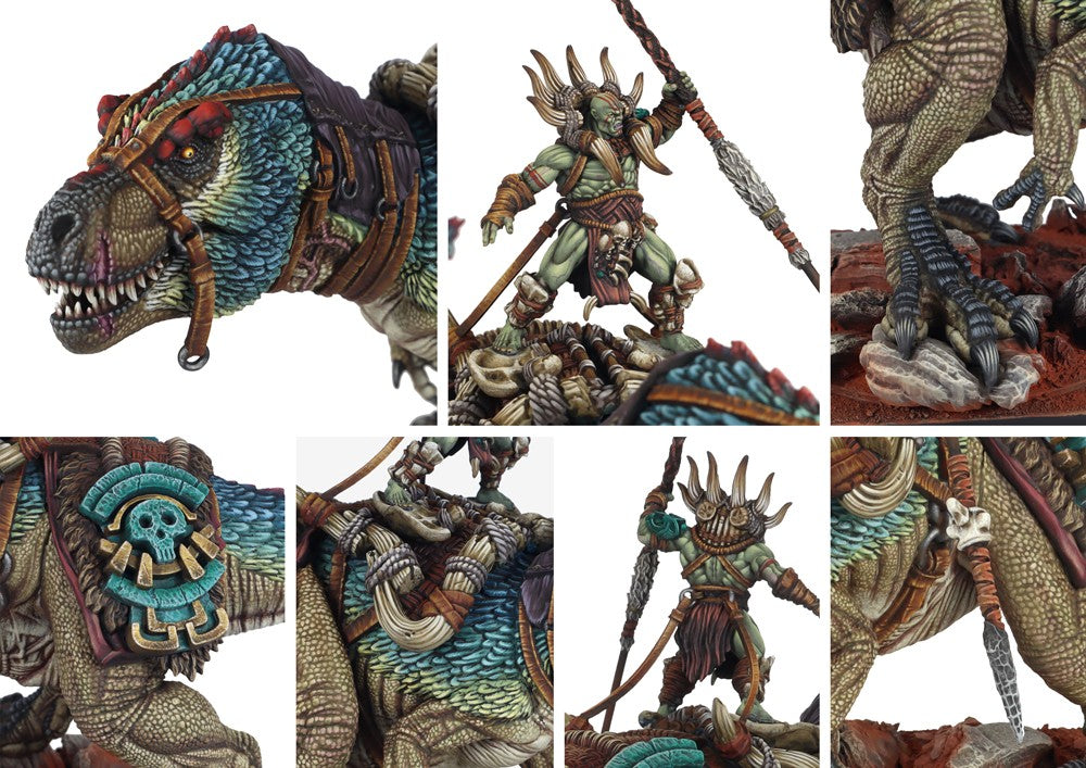 Close-up detail shots of the Apex Predator miniature, highlighting the scaly texture, tribal armor, Predator rider, and massive claws of the W'adrhŭn monster.
