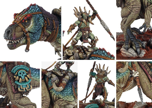 Close-up detail shots of the Apex Predator miniature, highlighting the scaly texture, tribal armor, Predator rider, and massive claws of the W'adrhŭn monster.