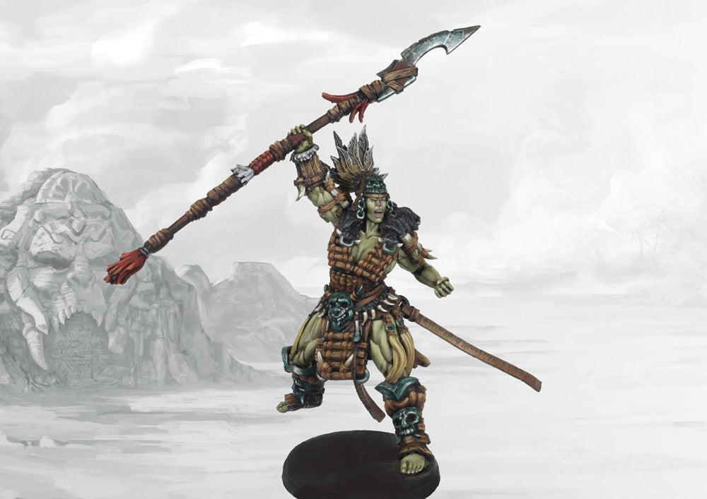 Fully painted Apex Queen resin character miniature for Conquest: The W'adrhŭn, a powerful female warrior and leader armed with a large spear.