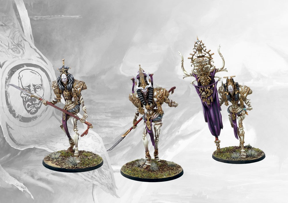 Close-up view of painted Conquest Spires Avatara miniatures, highlighting the detailed armor, purple sash, and banner.