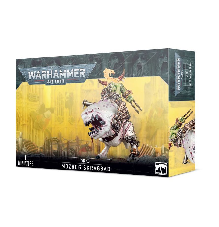 The official retail product box for the Beastboss on Squigosaur miniature kit, featuring the fully assembled and painted Ork model.