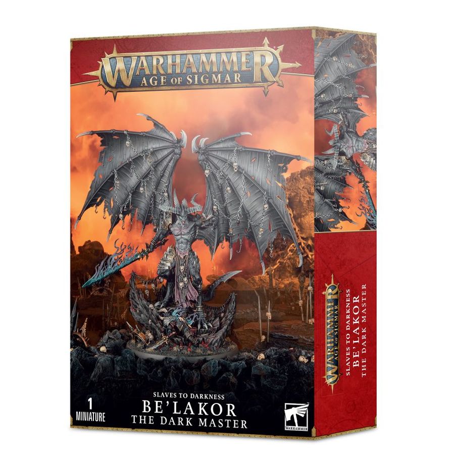 The official retail product box for the Be'lakor, the Dark Master miniature kit, featuring the fully assembled and painted Chaos centerpiece model.