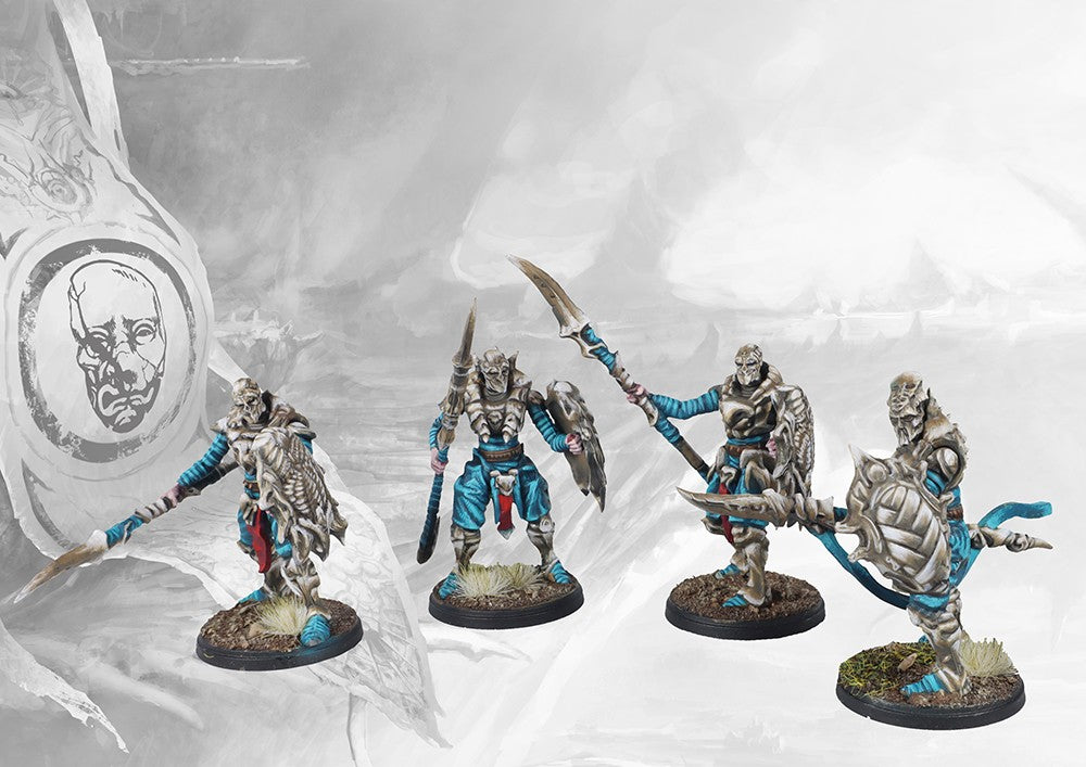 Four individual assembled miniatures from the Conquest Spires Dual Kit, showing options for Bound Clones or Onslaught Drones.