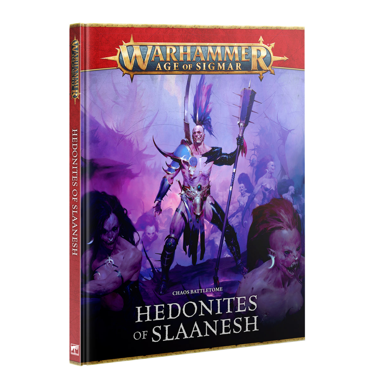 The front cover of the Chaos Battletome: Hedonites of Slaanesh hardback book, featuring sinister Chaos artwork.