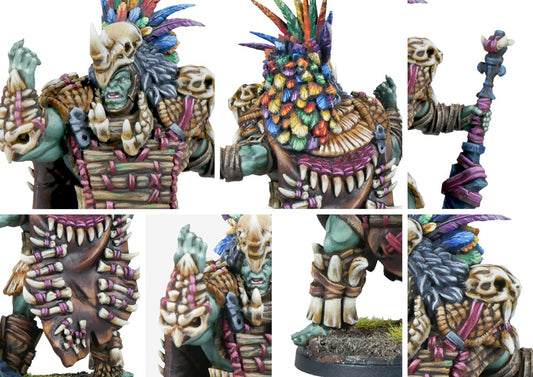 Close-up detail shots of the W'adrhŭn Chieftain, focusing on the fierce expression, bone armor, colorful feathers, and tribal war gear details.