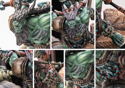 Close-up detail collage of the W'adrhŭn Chieftain model, showing the horned hair, tribal bone armor, sinewy green skin, and fierce warrior expression.