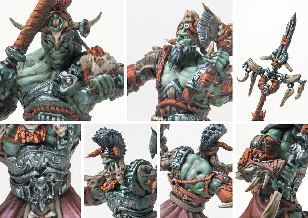 Close-up detail shots of the W'adrhŭn Chosen of Conquest miniature, focusing on the painted heavy armor, horned helmets, brutal weaponry, and the green-skinned physique.
