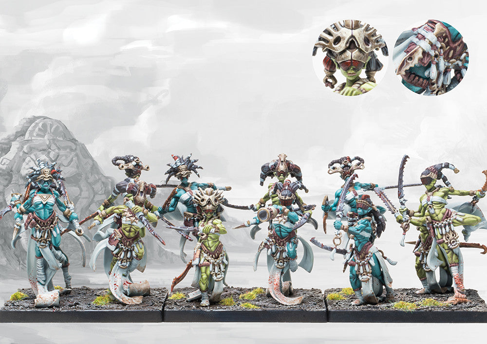 A fully painted regiment of W'adrhŭn Chosen of Death (Medium Infantry), showing the blindfolded warrior-priestesses wielding curved blades and skulls.