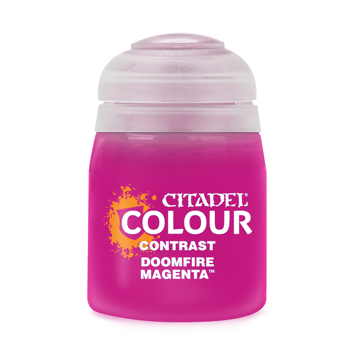 The official retail product paint pot for Citadel Contrast: Doomfire Magenta.