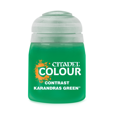 The official retail product paint pot for Citadel Contrast: Karandras Green.