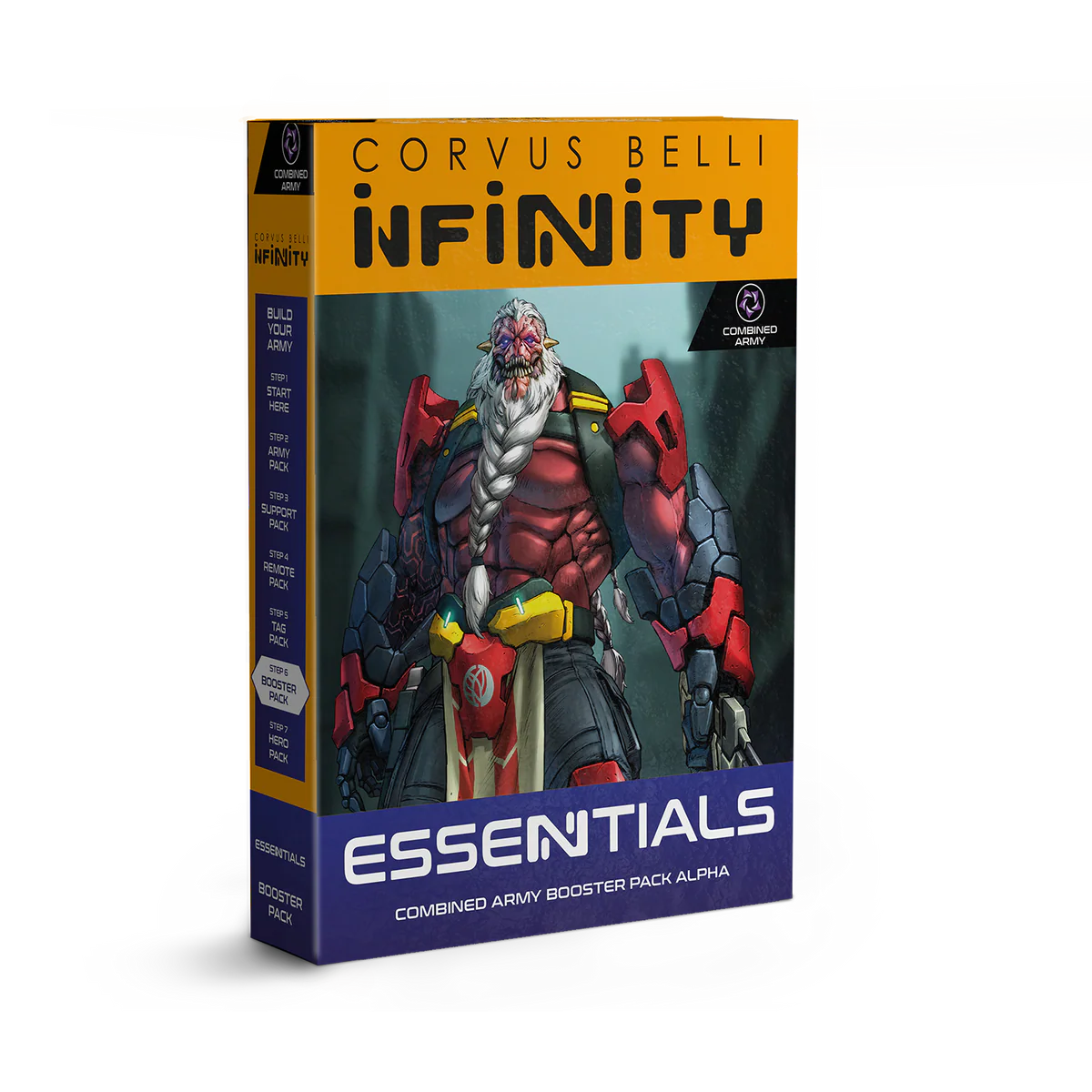 Front box art packaging for the Infinity Combined Army Booster Pack Alpha set.