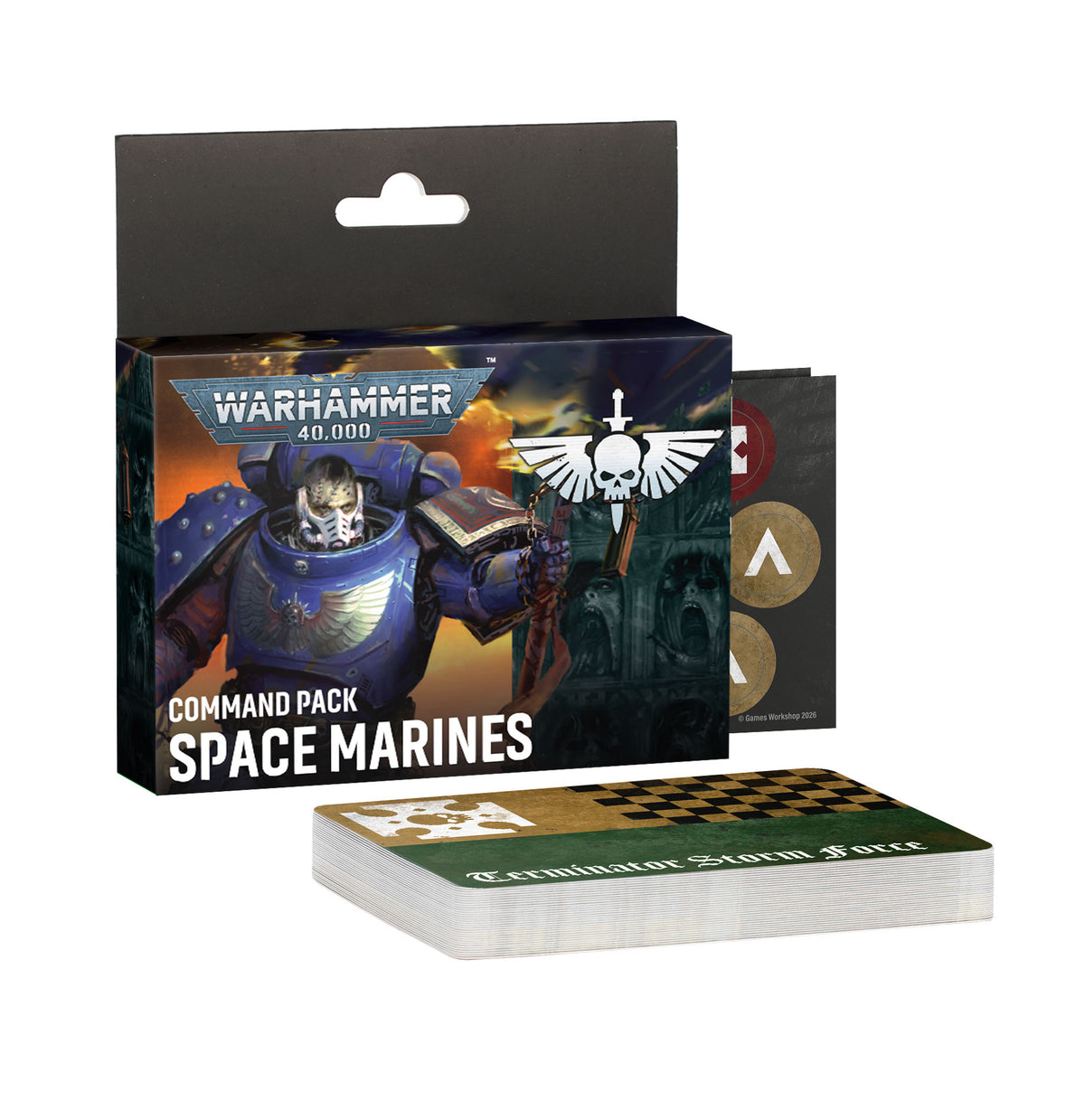 The official Space Marines Command Pack displaying reference cards and tokens.