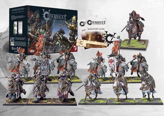 The full contents of the Conquest 5th Anniversary Hundred Kingdoms Starter Set, showing all 18 painted cavalry miniatures, the box, and guides.
