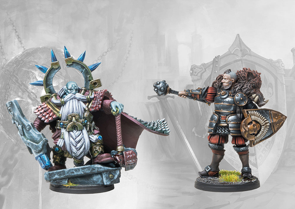 The two exclusive painted miniatures from the Conquest: Crucible of Wills campaign pack, featuring the Dweghom character Sebak and the Nord character Thegn.