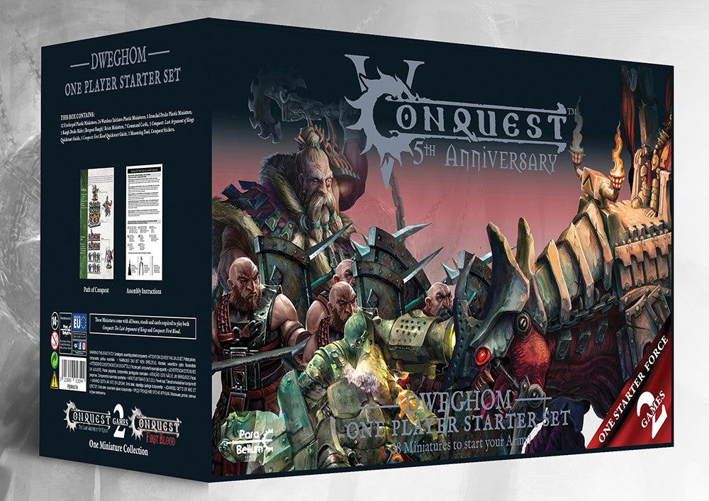 Box art for the Conquest Dweghom 5th Anniversary One Player Starter Set, featuring Hold Ballistae, Hold Thanes, and Tempered Sorcerer miniatures (39 models total).